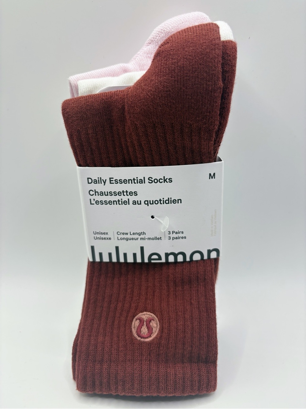 NWT lululemon athletica Daily Essential Crew Socks - Merlot, White, Pink (3pk)